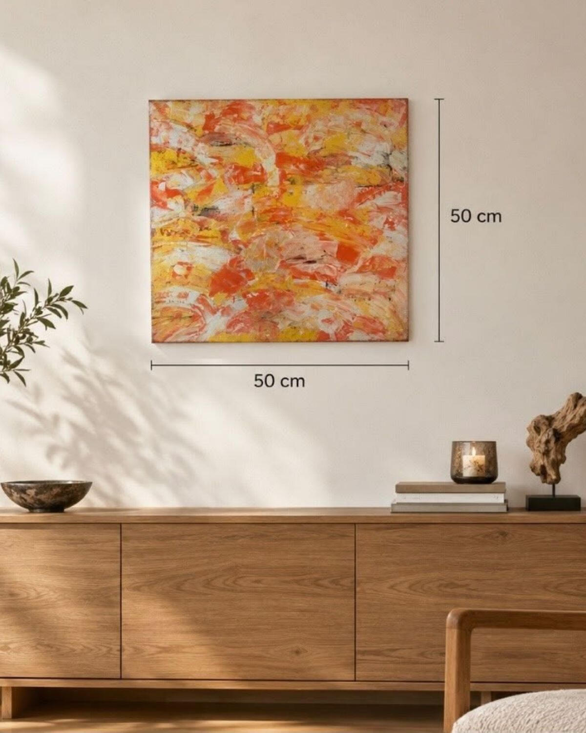 Beates Kunst Abstraktes Strukturbild in Orange, Gelb und Weiß mit lebhafter, plastischer Oberfläche, 50 × 50 cm, Beates Kunst