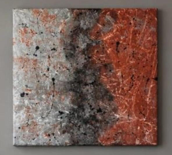 Beates Kunst Abstraktes Bild in Silber, Grau und Kupferrot mit schwarzen Farbspritzern, Beates Kunst