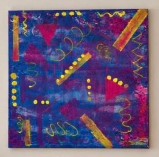 Beates Kunst Quadratisches abstraktes Bild in Blau und Violett mit gelben Punkten, pinken Dreiecken und goldenen Spirallinien, 50 × 50 cm